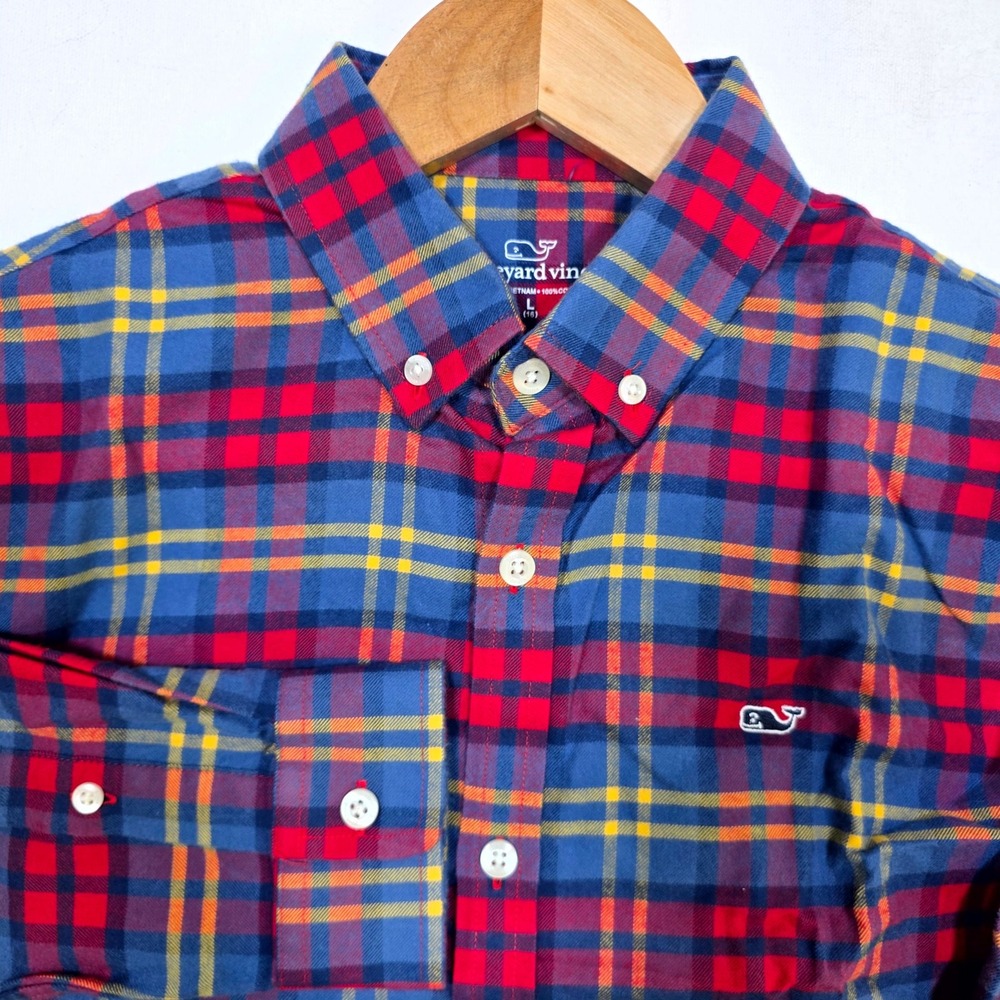 Vineyard Vines Button Down Shirt Boys L 16 Blue Red Yellow Plaid Whale Logo
